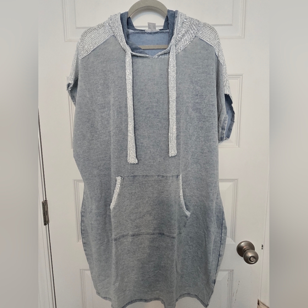 Venus Gray/Blue Hooded Sweatshirt Dress with Silver Sequi  Accents
